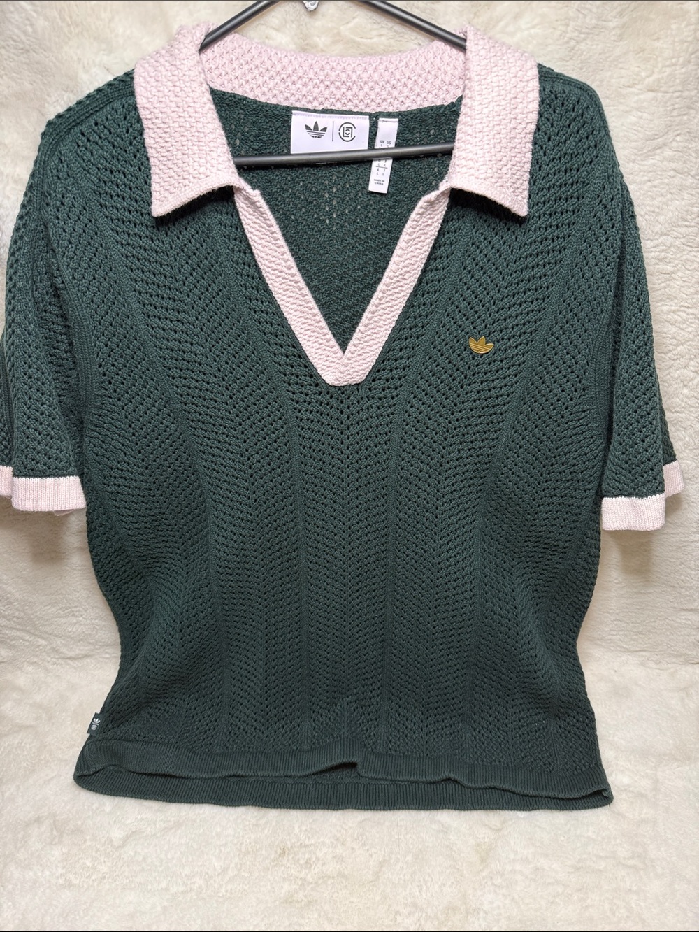 Adidas X Clot Green Knit V‑Neck Polo Sweater with Pink Trim